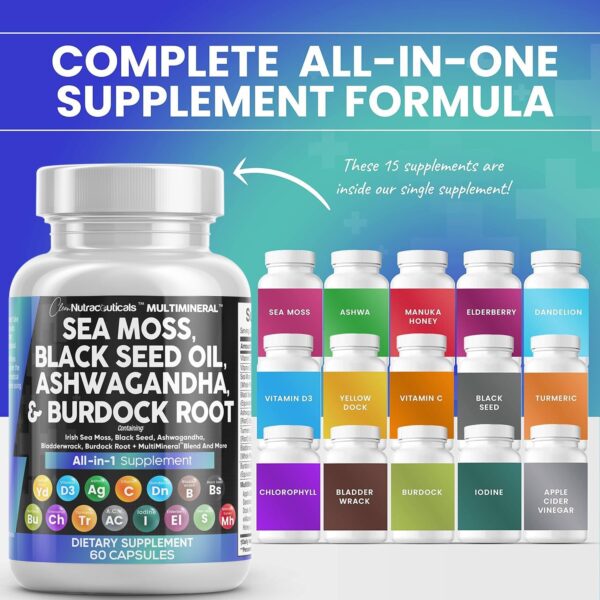 Sea Moss 3000mg Black Seed Oil 2000mg Ashwagandha 1000mg Turmeric 1000mg Bladderwrack 1000mg Burdock 1000mg & Vitamin C & D3 with Elderberry Manuka Dandelion Yellow Dock Iodine Chlorophyll ACV - Image 3