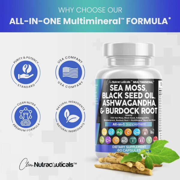 Sea Moss 3000mg Black Seed Oil 2000mg Ashwagandha 1000mg Turmeric 1000mg Bladderwrack 1000mg Burdock 1000mg & Vitamin C & D3 with Elderberry Manuka Dandelion Yellow Dock Iodine Chlorophyll ACV - Image 4