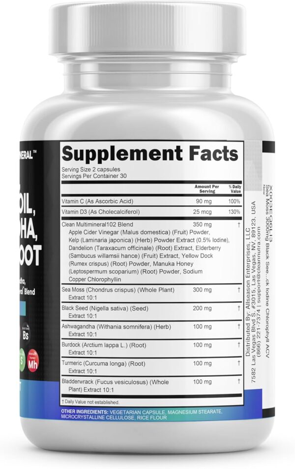 Sea Moss 3000mg Black Seed Oil 2000mg Ashwagandha 1000mg Turmeric 1000mg Bladderwrack 1000mg Burdock 1000mg & Vitamin C & D3 with Elderberry Manuka Dandelion Yellow Dock Iodine Chlorophyll ACV - Image 5