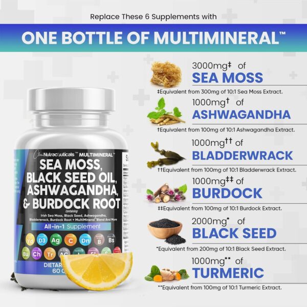 Sea Moss 3000mg Black Seed Oil 2000mg Ashwagandha 1000mg Turmeric 1000mg Bladderwrack 1000mg Burdock 1000mg & Vitamin C & D3 with Elderberry Manuka Dandelion Yellow Dock Iodine Chlorophyll ACV - Image 6