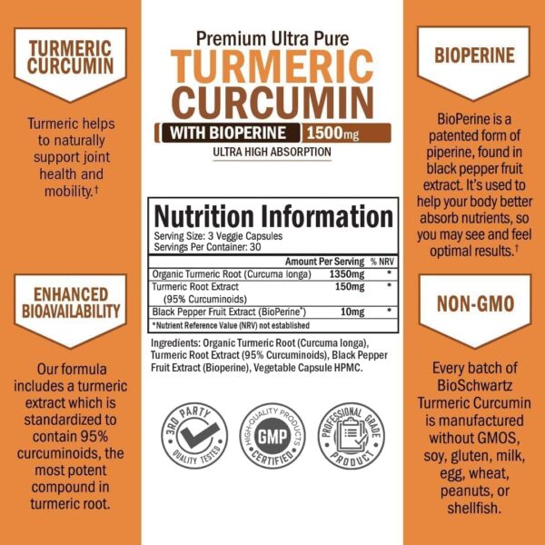 Turmeric Curcumin with Black Pepper Extract 1500mg - High Absorption Ultra Potent Turmeric Supplement with 95% Curcuminoids and BioPerine - Non GMO Turmeric Capsules for Joint Support - 90 Capsules - Image 4