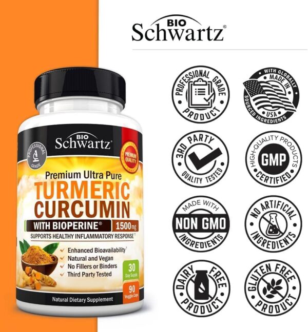 Turmeric Curcumin with Black Pepper Extract 1500mg - High Absorption Ultra Potent Turmeric Supplement with 95% Curcuminoids and BioPerine - Non GMO Turmeric Capsules for Joint Support - 90 Capsules - Image 8