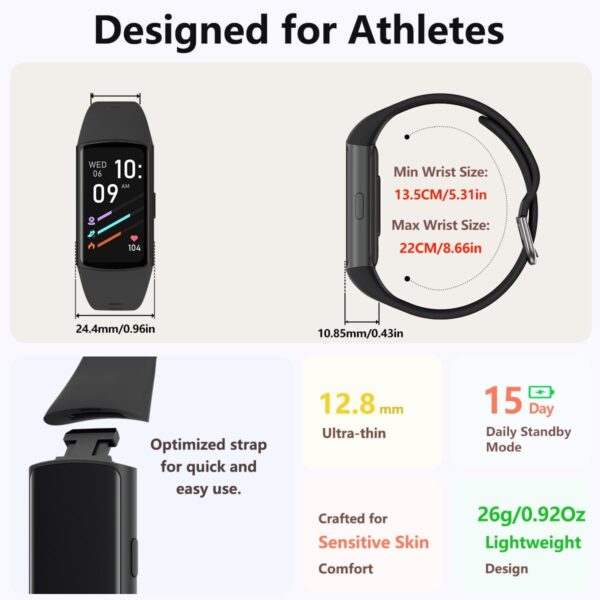 FITVII FINO 2 Slim Fitness Tracker, Smart Watch with Blood Oxygen, Sleep Monitor, 24/7 Heart Rate & Blood Pressure, IP68 Waterproof Health Activity Trackers with Calories Step Counter for Women Men - Image 7