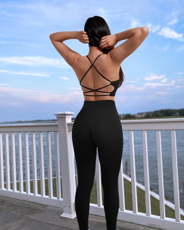 RXRXCOCO Ribbed Workout Sets for Women 2 Piece Backless Strappy Sports Bra Seamless Leggings Matching Set Yoga Outfits - Image 7