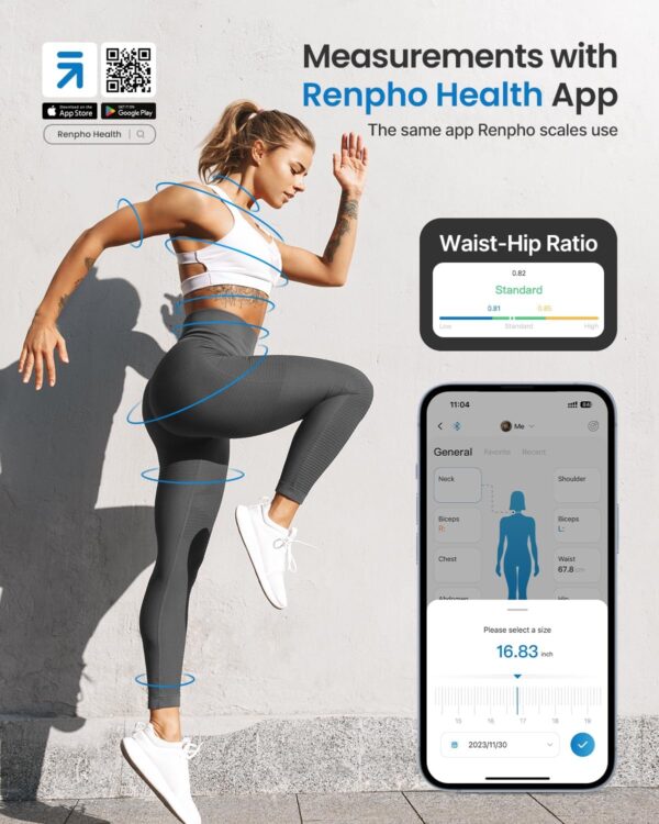 RENPHO Body Measuring Tape, Smart Tape Measure for Weight Loss, Bluetooth Tape with App, Retractable Tape for Measuring Waist, Hip, Bust, Arms, Muscle Gain, Fitness Equipment, 60in /150cm, White - Image 3