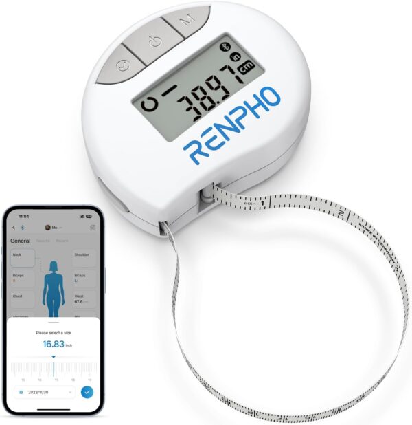 RENPHO Body Measuring Tape, Smart Tape Measure for Weight Loss, Bluetooth Tape with App, Retractable Tape for Measuring Waist, Hip, Bust, Arms, Muscle Gain, Fitness Equipment, 60in /150cm, White - Image 2