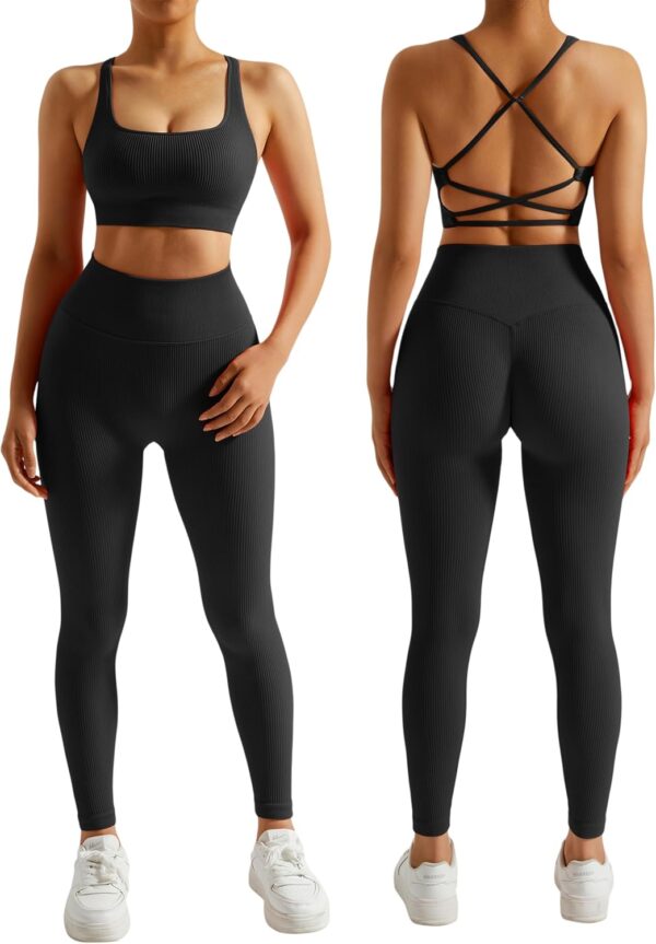 RXRXCOCO Ribbed Workout Sets for Women 2 Piece Backless Strappy Sports Bra Seamless Leggings Matching Set Yoga Outfits - Image 2