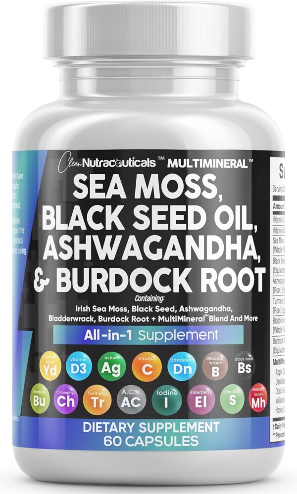 Sea Moss 3000mg Black Seed Oil 2000mg Ashwagandha 1000mg Turmeric 1000mg Bladderwrack 1000mg Burdock 1000mg & Vitamin C & D3 with Elderberry Manuka Dandelion Yellow Dock Iodine Chlorophyll ACV - Image 2