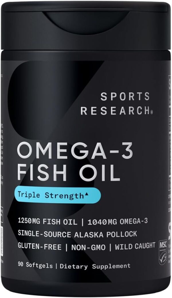 Sports Research Triple Strength Omega 3 Fish Oil - Burpless Fish Oil Supplement w/EPA & DHA Fatty Acids from Single-Source Wild Alaska Pollock - 1250 mg, 90 ct - Image 2