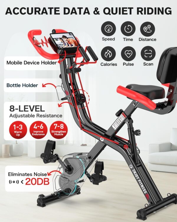 pooboo Folding Exercise Bike, Foldable Fitness Stationary Bike Machine, Upright Indoor Cycling Bike, Magnetic X-Bike with 8-Level Adjustable Resistance, Bottle Holder & Back Support Cushion for Home Gym Workout - Image 5