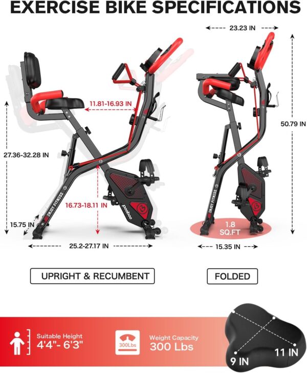 pooboo Folding Exercise Bike, Foldable Fitness Stationary Bike Machine, Upright Indoor Cycling Bike, Magnetic X-Bike with 8-Level Adjustable Resistance, Bottle Holder & Back Support Cushion for Home Gym Workout - Image 6