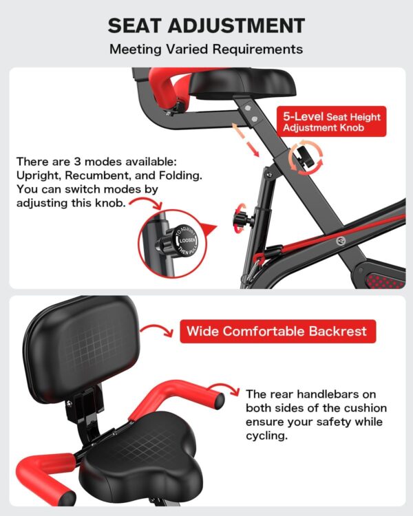 pooboo Folding Exercise Bike, Foldable Fitness Stationary Bike Machine, Upright Indoor Cycling Bike, Magnetic X-Bike with 8-Level Adjustable Resistance, Bottle Holder & Back Support Cushion for Home Gym Workout - Image 7