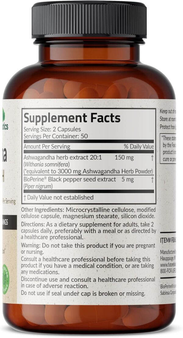 Futurebiotics Ashwagandha Extra Strength Stress & Mood Support with BioPerine - Non GMO Formula, 100 Vegetarian Capsules - Image 3