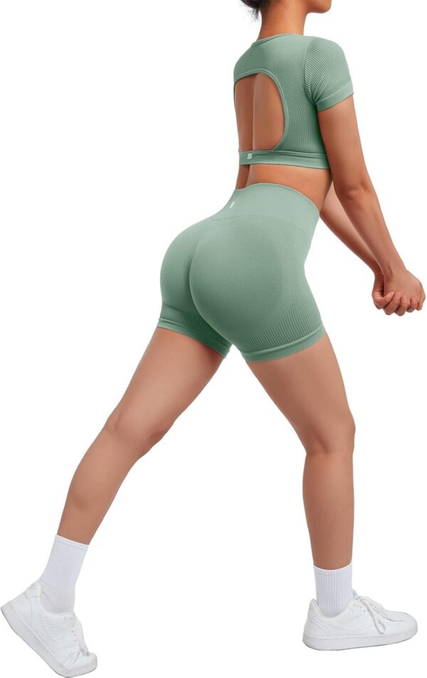 SUUKSESS Open Back Short Sleeve Scrunch Butt Booty Shorts Seamless Ribbed Workout Sets 2 Piece Outfits - Image 6