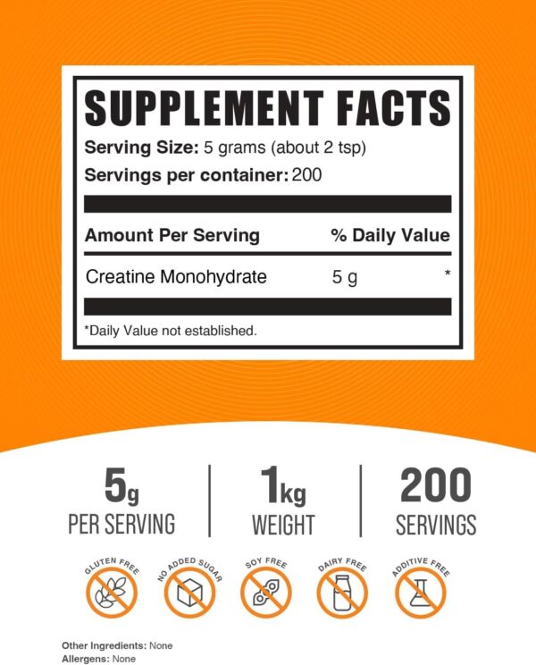 BulkSupplements.com Creatine Monohydrate Powder - Creatine Supplement, Micronized Creatine 1kg, Creatine Powder - Unflavored & Gluten Free, 5g (5000mg) per Servings, 1kg (2.2 lbs) (Pack of 1) - Image 3