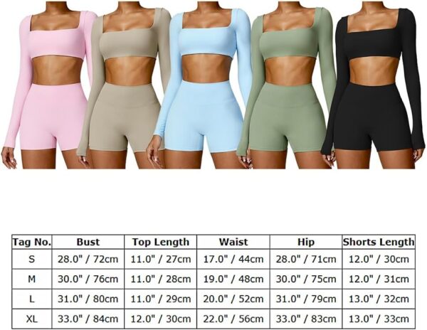 ABOCIW Workout Sets for Women 2 Piece Square Neck Long Sleeve Crop Tops High Waist Biker Shorts Gym Sets - Image 8