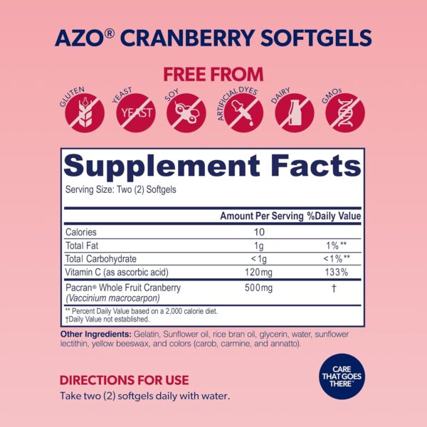 AZO Cranberry Supplement, Made with Concentrated Whole Fruit Cranberry Powder to Help Cleanse and Protect the Urinary Tract*, Sugar Free Cranberry Pills, Non-GMO, 100 Softgels - Image 3