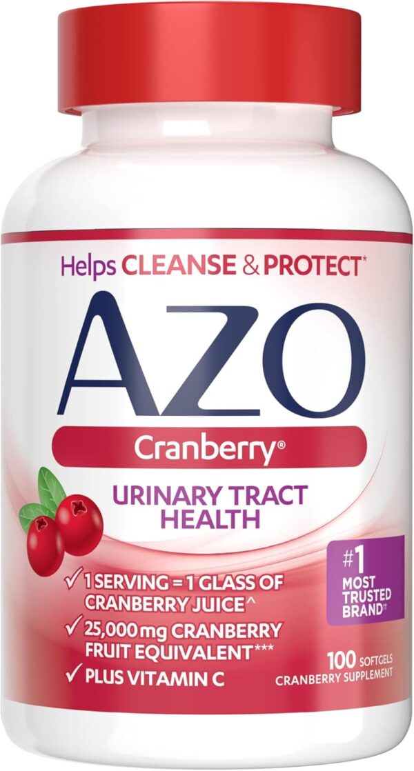 AZO Cranberry Supplement, Made with Concentrated Whole Fruit Cranberry Powder to Help Cleanse and Protect the Urinary Tract*, Sugar Free Cranberry Pills, Non-GMO, 100 Softgels - Image 2