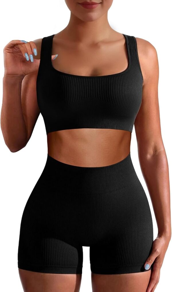 Workout Sets for Women Two Piece Sets for Women Summer Seamless Ribbed High Waist Leggings with Sports Bra Gym Sets - Image 2