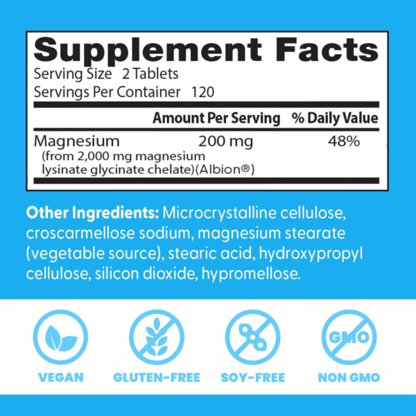 Doctor's Best High Absorption Magnesium Glycinate Lysinate, 100% Chelated, Non-GMO, Vegan, Gluten & Soy Free, 200 mg, 240 Count - Image 3