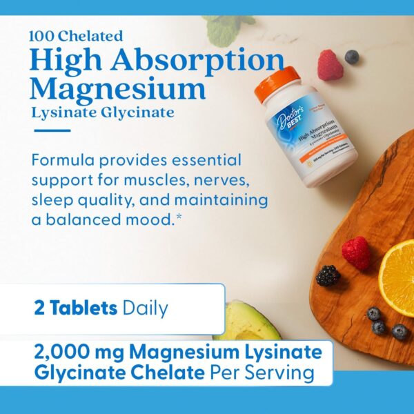 Doctor's Best High Absorption Magnesium Glycinate Lysinate, 100% Chelated, Non-GMO, Vegan, Gluten & Soy Free, 200 mg, 240 Count - Image 6