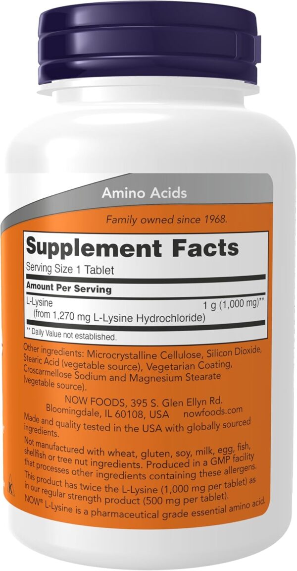 NOW Foods Supplements, (L-Lysine Hydrochloride) 1,000 mg, Double Strength, Amino Acid, 100 Tablets - Image 3