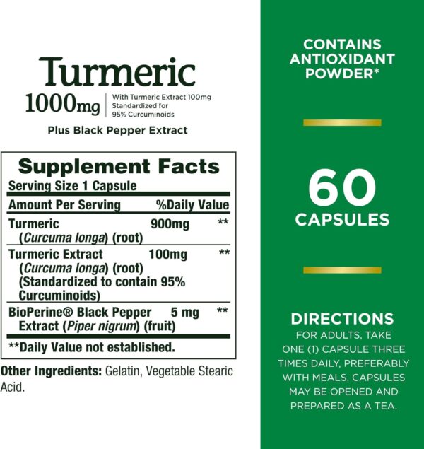 Nature's Bounty Turmeric With Black Pepper Extract, Supports Antioxidant Health, 1000mg, 60 Capsules - Image 3